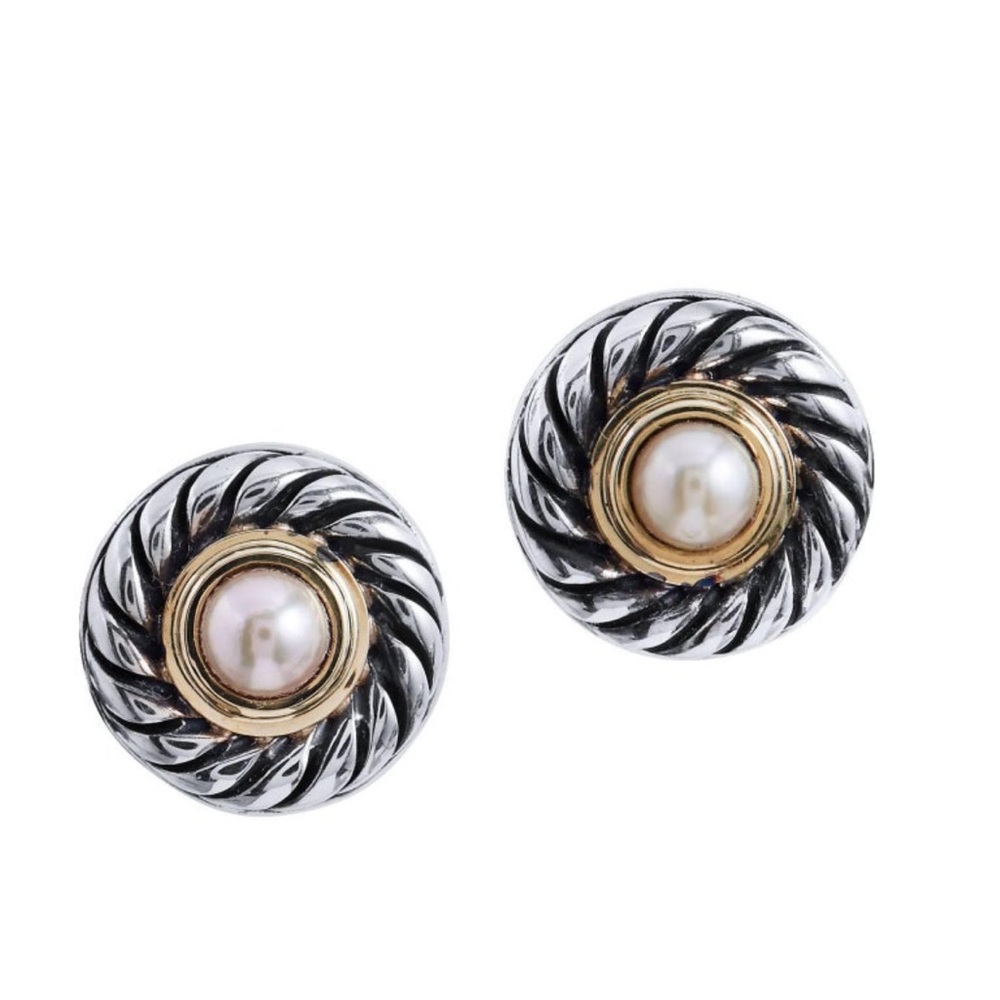 David Yurman Cookie Earrings. Two-Tone Rope-Detail Pearl Stud Earrings
